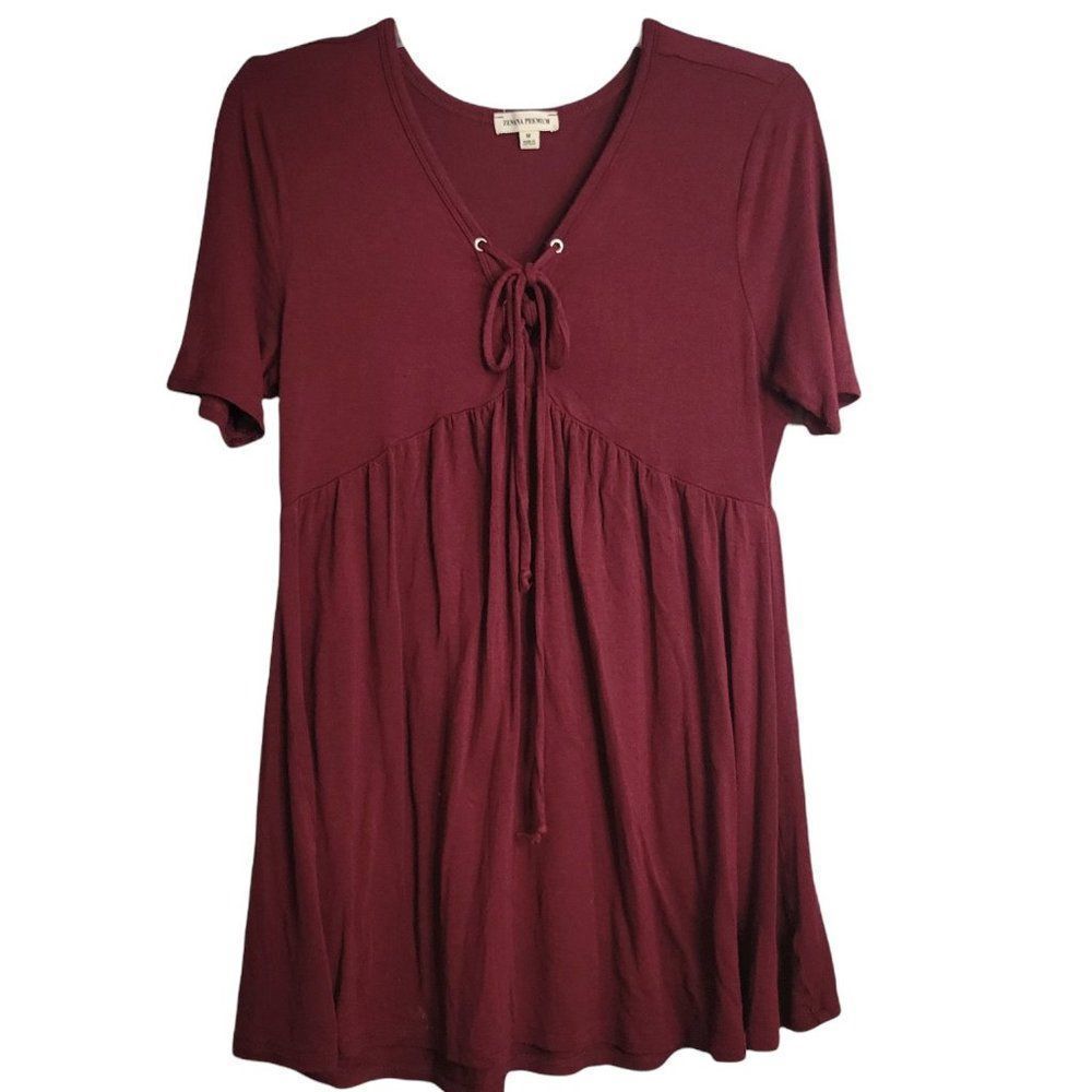 Zeana Premium Burgundy Red Tie Front Blouse Comfy Soft and Flowing Size Medium